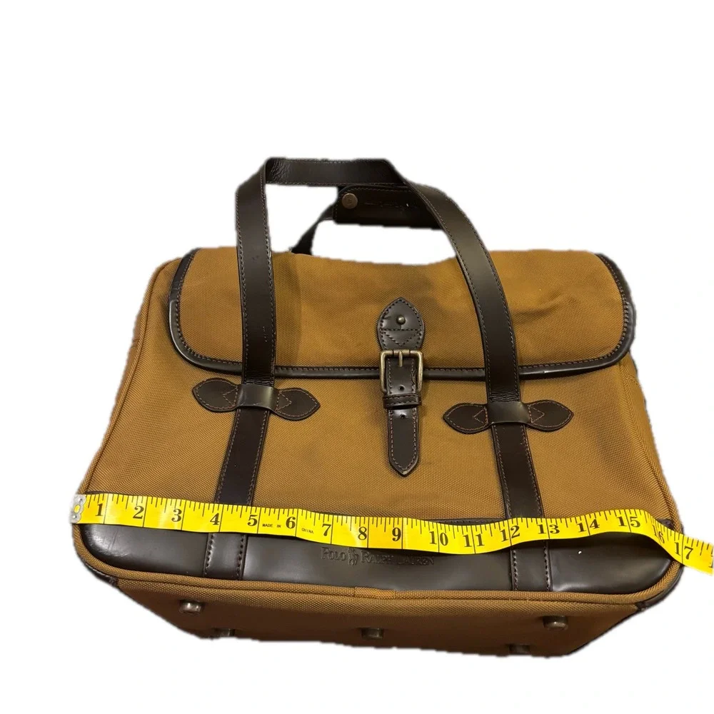 Polo Ralph Lauren Tan Canvas Brown Leather Briefcase Satchel Messenger Bag